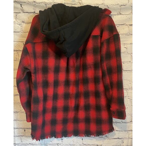 Altar’d State Shacket Womens Small Plaid Hoody Flannel Red Black Tailgate - Picture 3 of 15